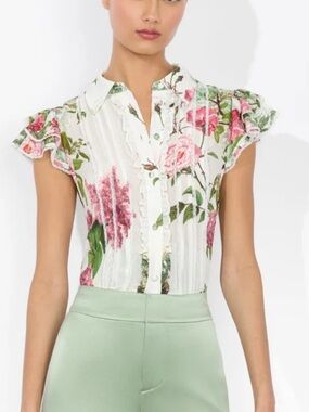 Alice + Olivia White Floral Ruffle Cap-Sleeve Button-Front Top